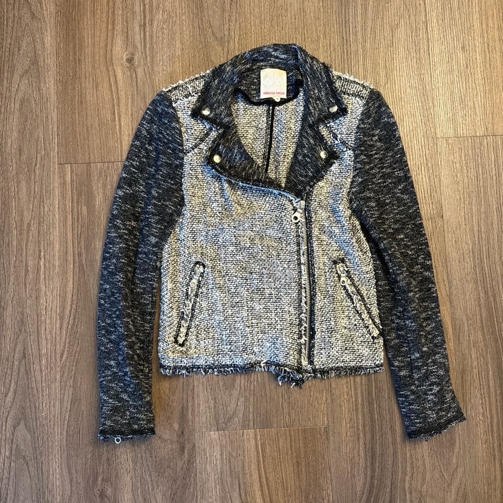 Rebecca, Taylor Women's Black and white Tweed zip front motorcycle Jacket